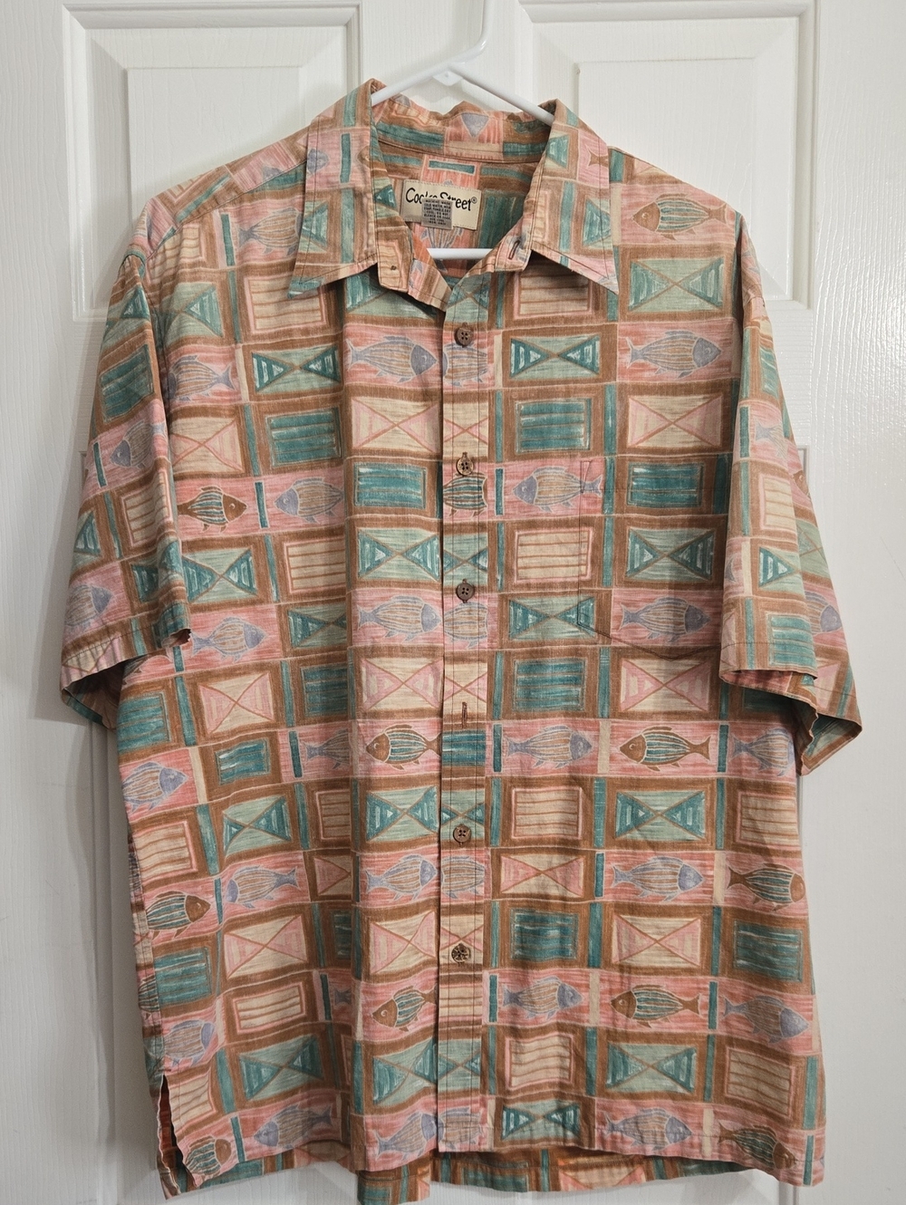 Short-Sleeve Button-Down Shirt — Coral & Teal Pattern